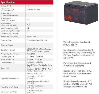 CSB 배터리 HRL1250W 12V 50W 고성능 재충전 가능한 납산 건조젤 배터리